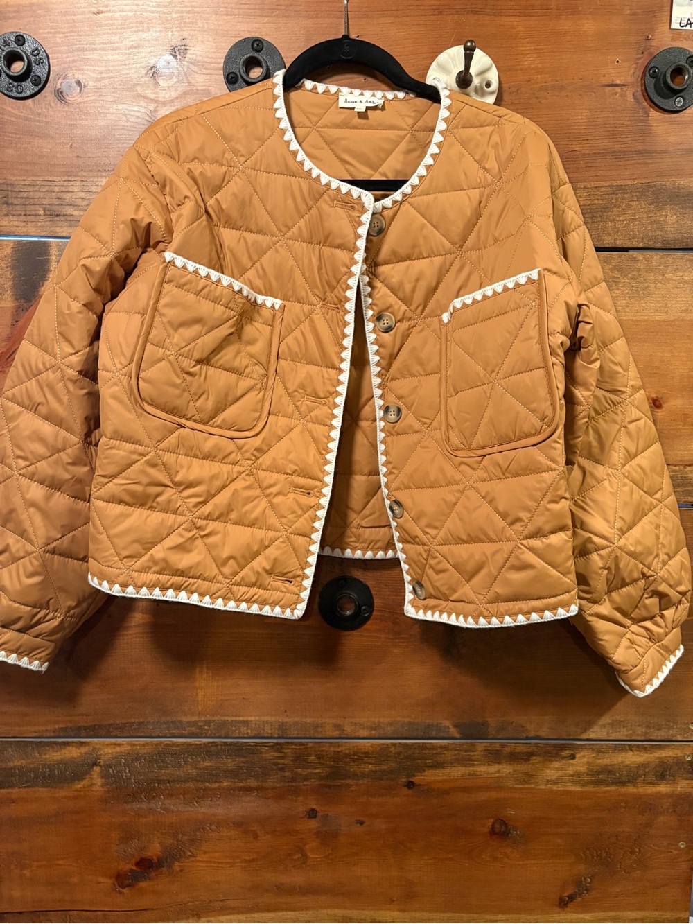 Quilted Cropped Tan Puffer Jacket with White Trim
